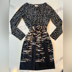 Donna Morgan Tie Waist Long Sleeved Dress, Navy / Gray / Black / Taupe, size 2